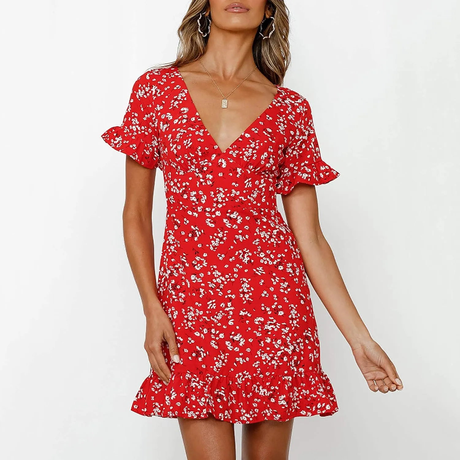 MINGXIN Women's Casual Floral Dress Short Sleeve V Neck Ruffle Mini Dress Lightweight Breathable Relaxed Fit Beach Dress