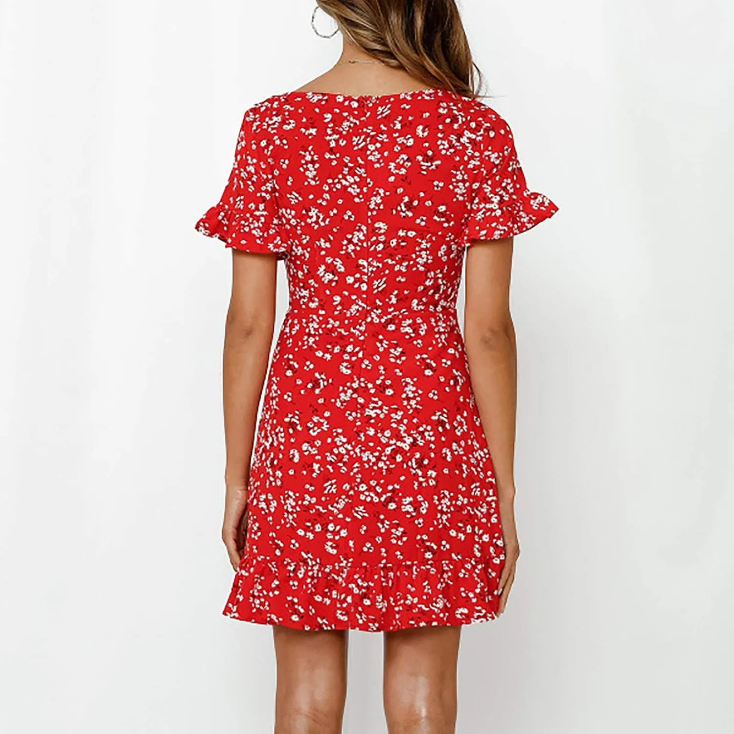 MINGXIN Women's Casual Floral Dress Short Sleeve V Neck Ruffle Mini Dress Lightweight Breathable Relaxed Fit Beach Dress