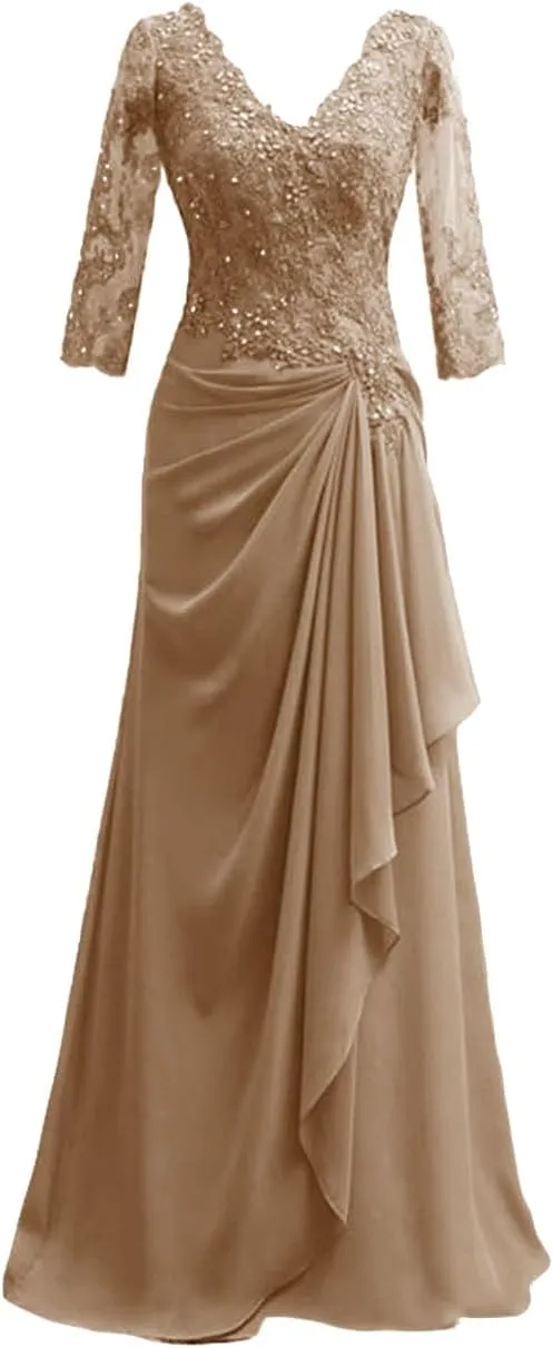 Mother of The Bride Dresses Long Evening Formal Dress V Neck Wedding Guest Dresses for Women Ruffle Lace Applique Beaded