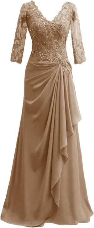 Mother of The Bride Dresses Long Evening Formal Dress V Neck Wedding Guest Dresses for Women Ruffle Lace Applique Beaded
