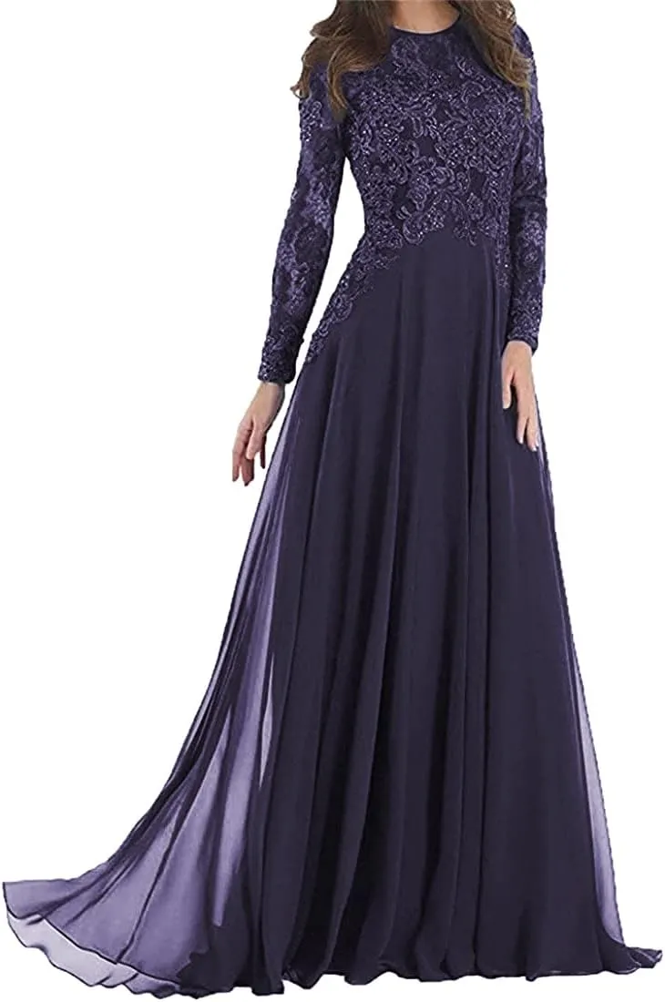 Mother of The Bride Dresses Long Evening Formal Gowns Long Sleeve Lace Applique Beaded for Women