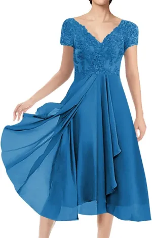 Mother of The Bride Dresses Short Evening Formal Dress V Neck Wedding Guest Groom Dress Lace Applique Ruffles Women's