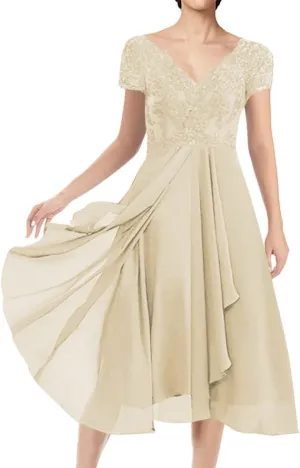 Mother of The Bride Dresses Short Evening Formal Dress V Neck Wedding Guest Groom Dress Lace Applique Ruffles Women's