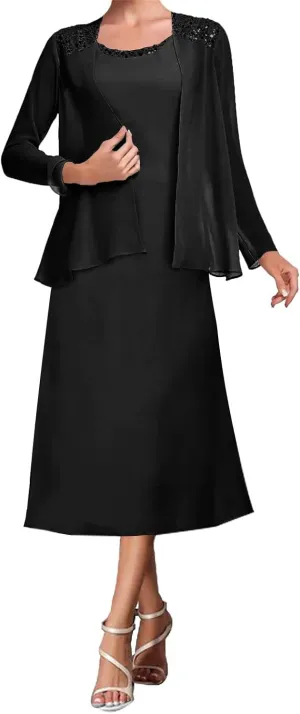 Mother of The Bride Dresses Tea Length Evening Formal Dress Tiered Wedding Guest Groom Dress Beaded Chiffon Jacket