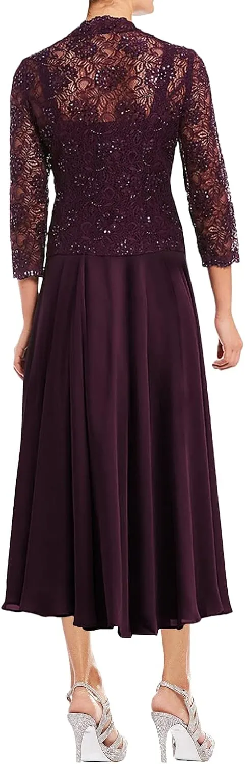 Mother of The Bride Dresses Tea Length Grandmother of The Bride Dress Beaded Wedding Guest Groom Dress Lace Jacket
