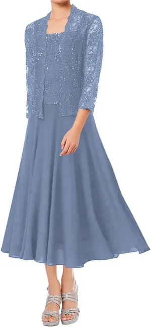Mother of The Bride Dresses Tea Length Grandmother of The Bride Dress Beaded Wedding Guest Groom Dress Lace Jacket