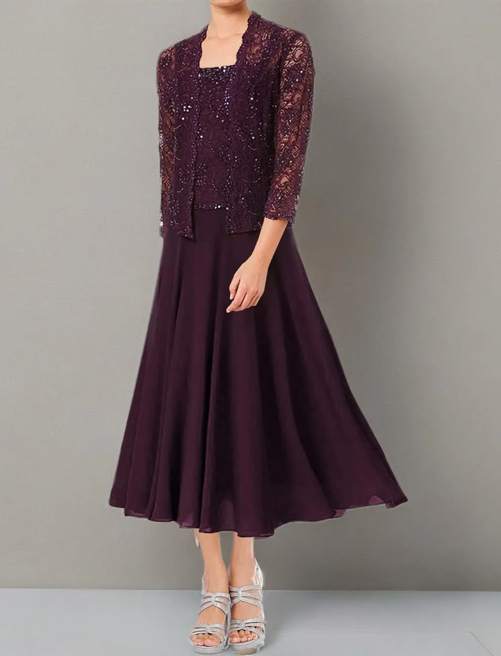 Mother of The Bride Dresses Tea Length Grandmother of The Bride Dress Beaded Wedding Guest Groom Dress Lace Jacket