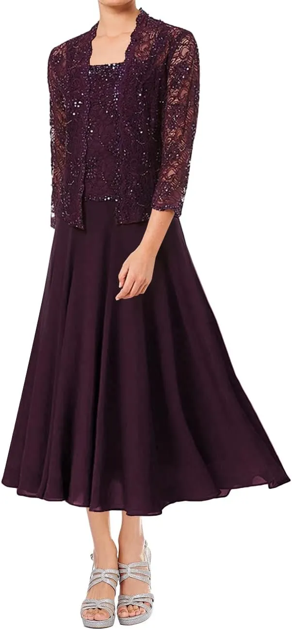 Mother of The Bride Dresses Tea Length Grandmother of The Bride Dress Beaded Wedding Guest Groom Dress Lace Jacket