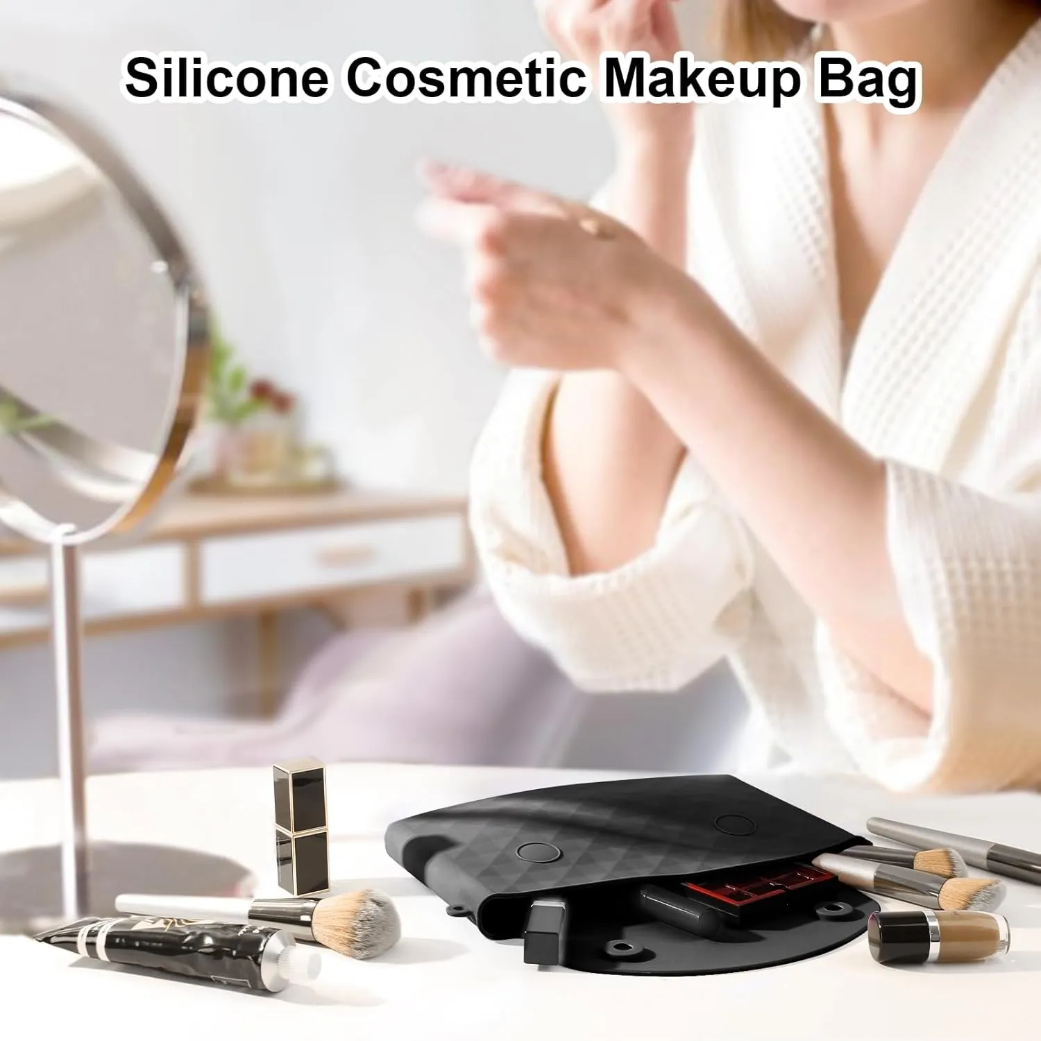 NPET Silicone Travel Makeup Bag with Magnetic Closure, Large Size Makeup Bag Organizer Easy Carry Travel Cosmetic Bag Travel Essentials Soft Silicone Make up Bags for Women Girls Men (Black)