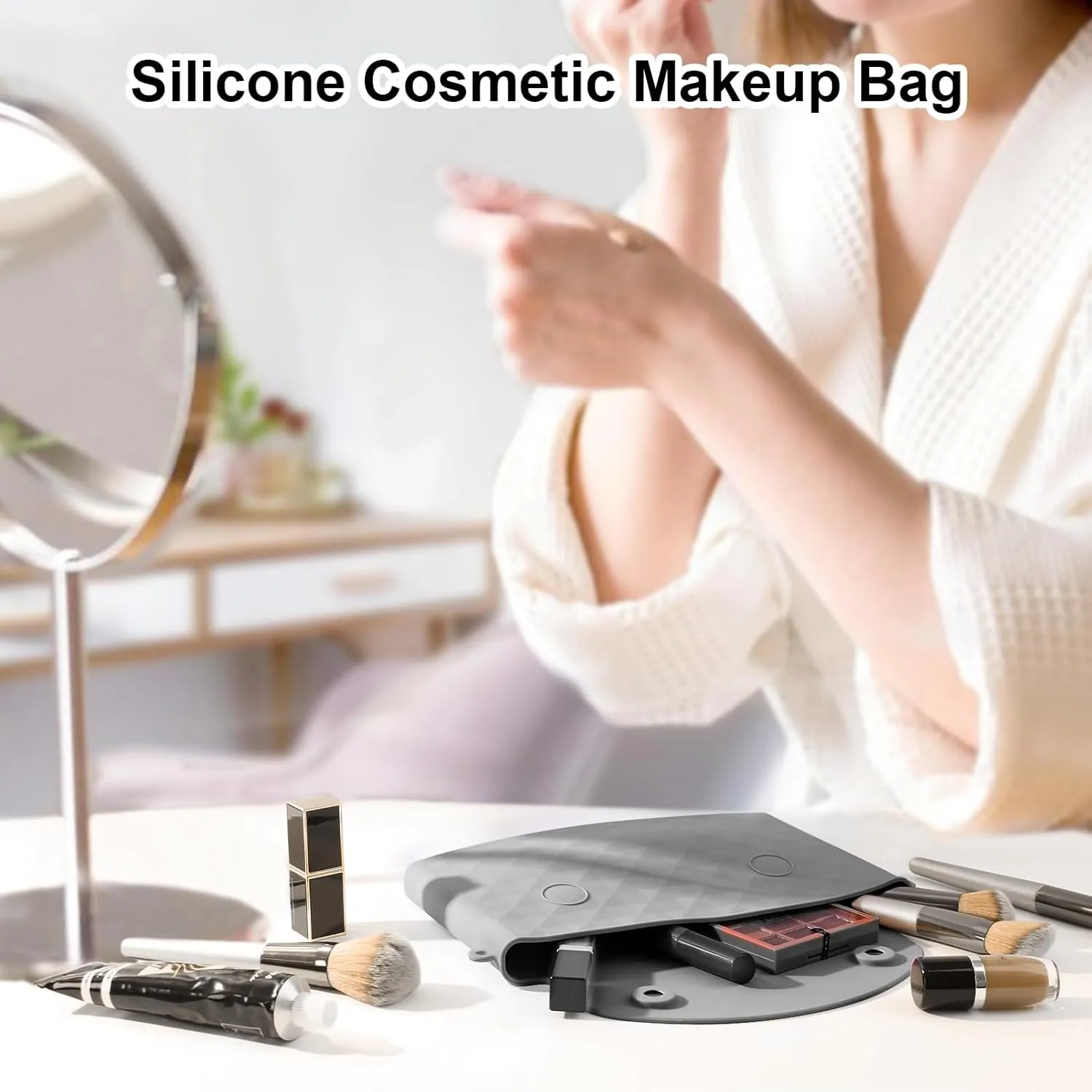 NPET Silicone Travel Makeup Bag with Magnetic Closure, Large Size Makeup Bag Organizer Easy Carry Travel Cosmetic Bag Travel Essentials Soft Silicone Make up Bags for Women Girls Men (Gray)