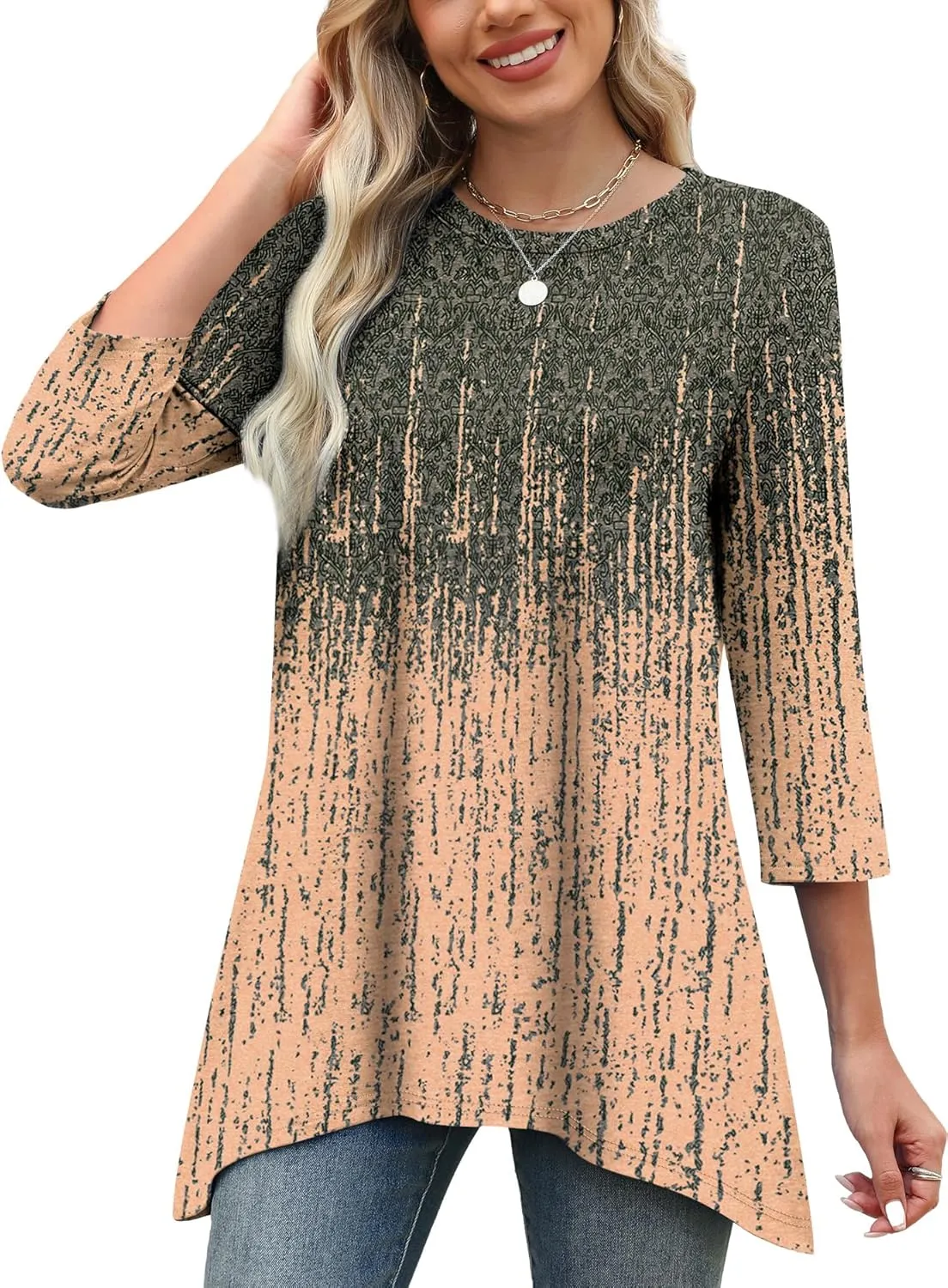 OFEEFAN Tunic Tops for Women Loose Fit Dressy 3/4 Length Sleeve Womens Tops with Asymmetrical Hem S-4XL