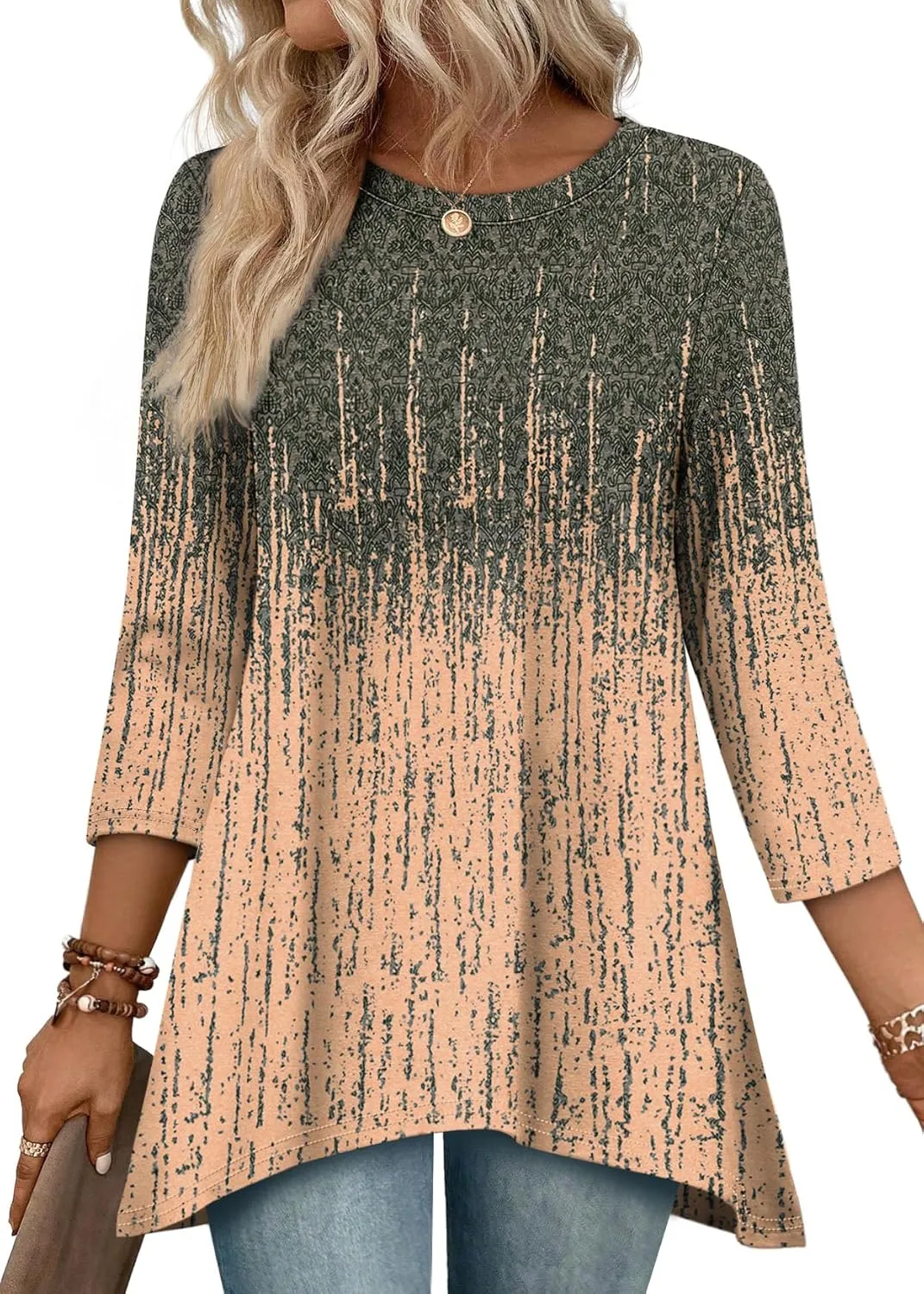OFEEFAN Tunic Tops for Women Loose Fit Dressy 3/4 Length Sleeve Womens Tops with Asymmetrical Hem S-4XL