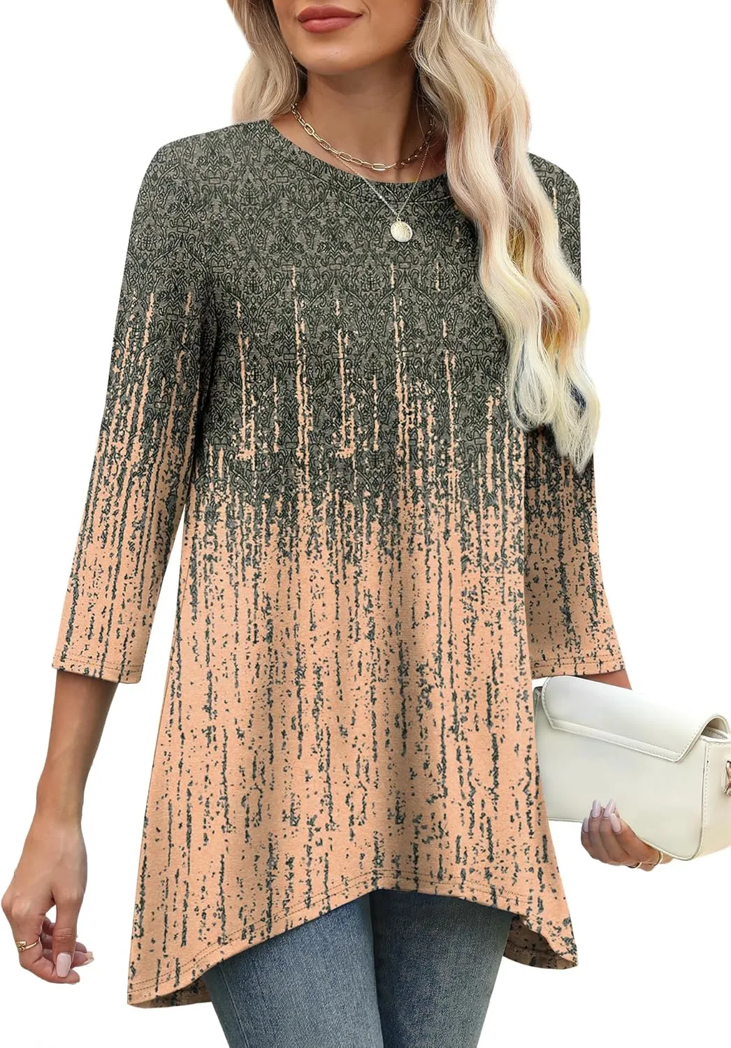 OFEEFAN Tunic Tops for Women Loose Fit Dressy 3/4 Length Sleeve Womens Tops with Asymmetrical Hem S-4XL