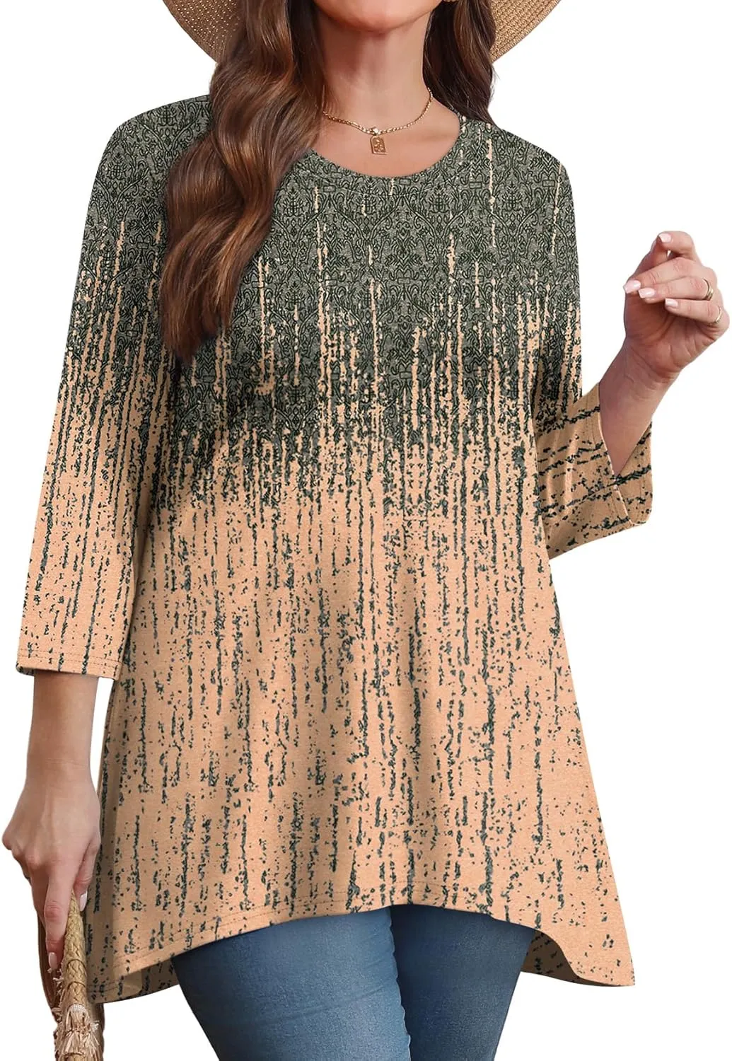 OFEEFAN Tunic Tops for Women Loose Fit Dressy 3/4 Length Sleeve Womens Tops with Asymmetrical Hem S-4XL