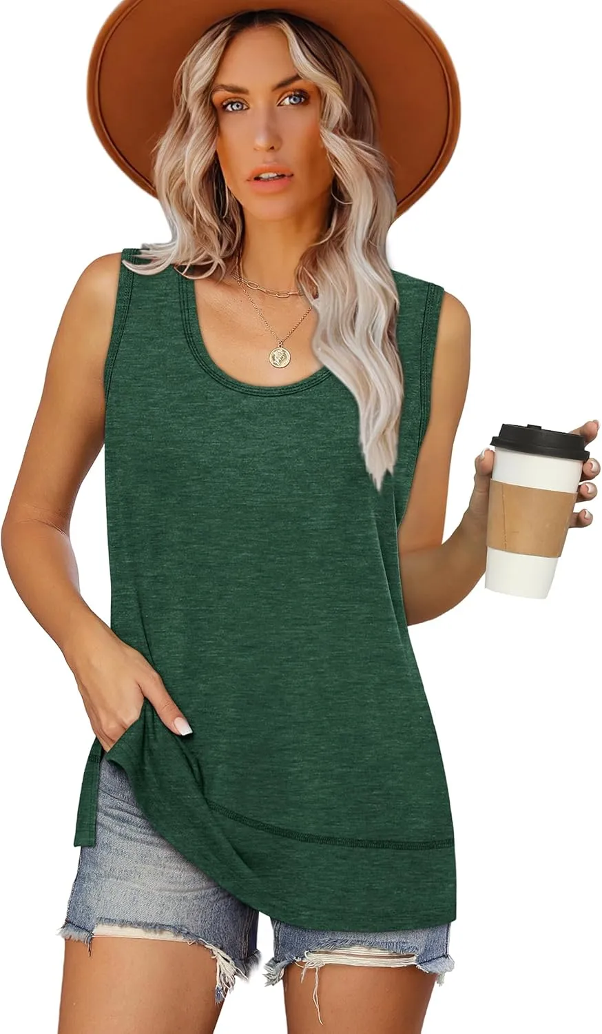 OFEEFAN Women's Side Slit Tank Tops Flowy Sleeveless Shirts Loose Fit Scoop Neck Tops Basic Casual S-4XL