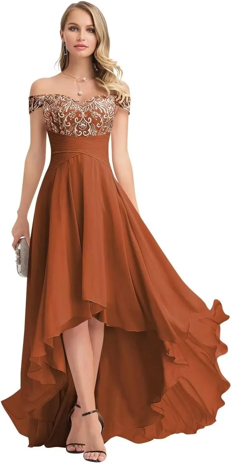 Off The Shoulder Mother of The Bride Dresses for Wedding 2023 Chiffon High Low Lace Formal Evening Gowns