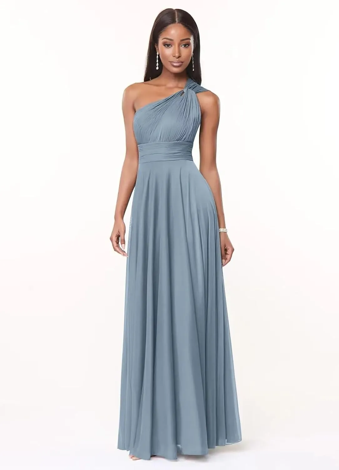 One Shoulder Bridesmaid Dresses for Women Long A Line Pleated Chiffon Corset Formal Wedding Guest Dress with Pockets
