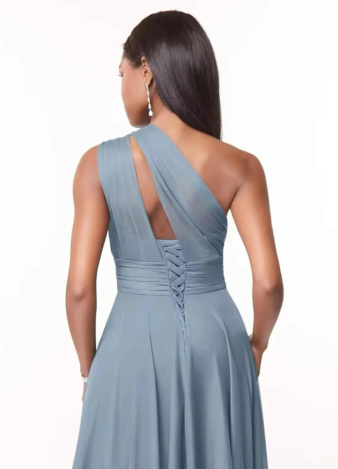 One Shoulder Bridesmaid Dresses for Women Long A Line Pleated Chiffon Corset Formal Wedding Guest Dress with Pockets