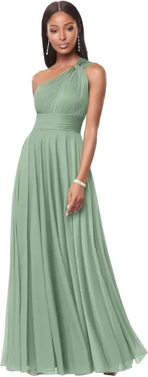 One Shoulder Bridesmaid Dresses for Women Long A Line Pleated Chiffon Corset Formal Wedding Guest Dress with Pockets