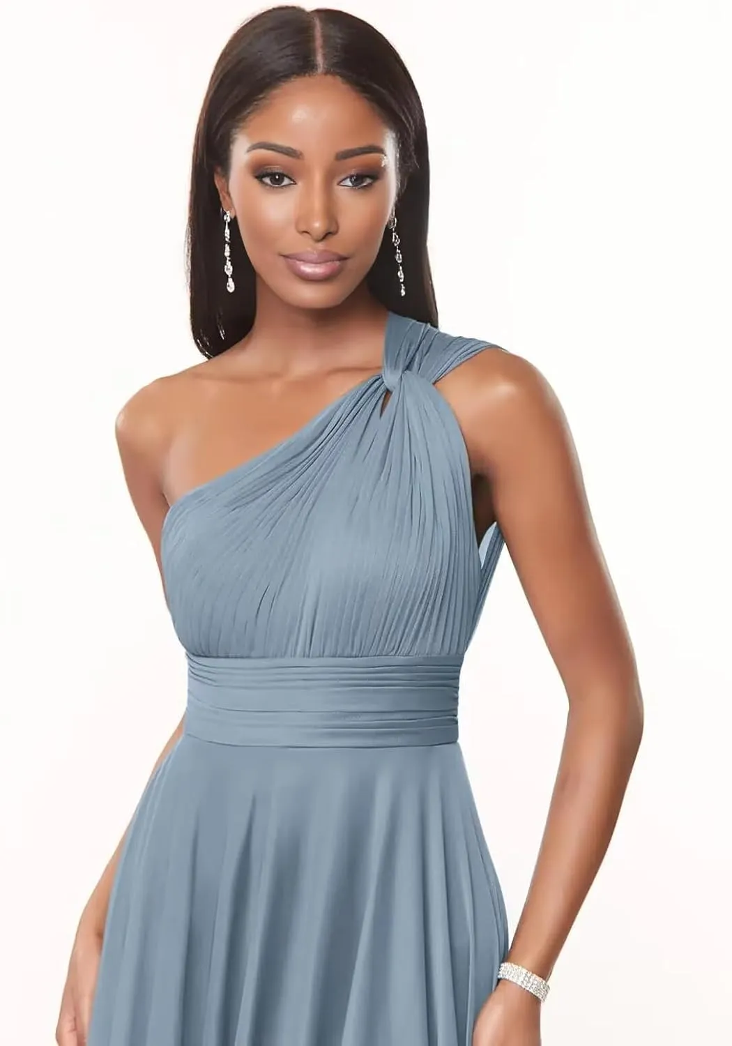 One Shoulder Bridesmaid Dresses for Women Long A Line Pleated Chiffon Corset Formal Wedding Guest Dress with Pockets