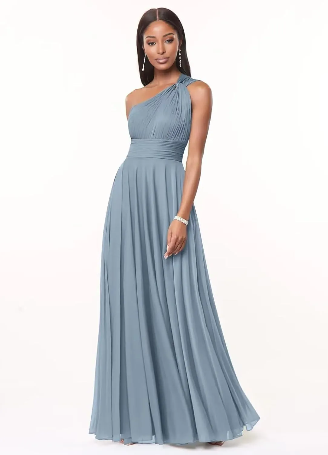 One Shoulder Bridesmaid Dresses for Women Long A Line Pleated Chiffon Corset Formal Wedding Guest Dress with Pockets