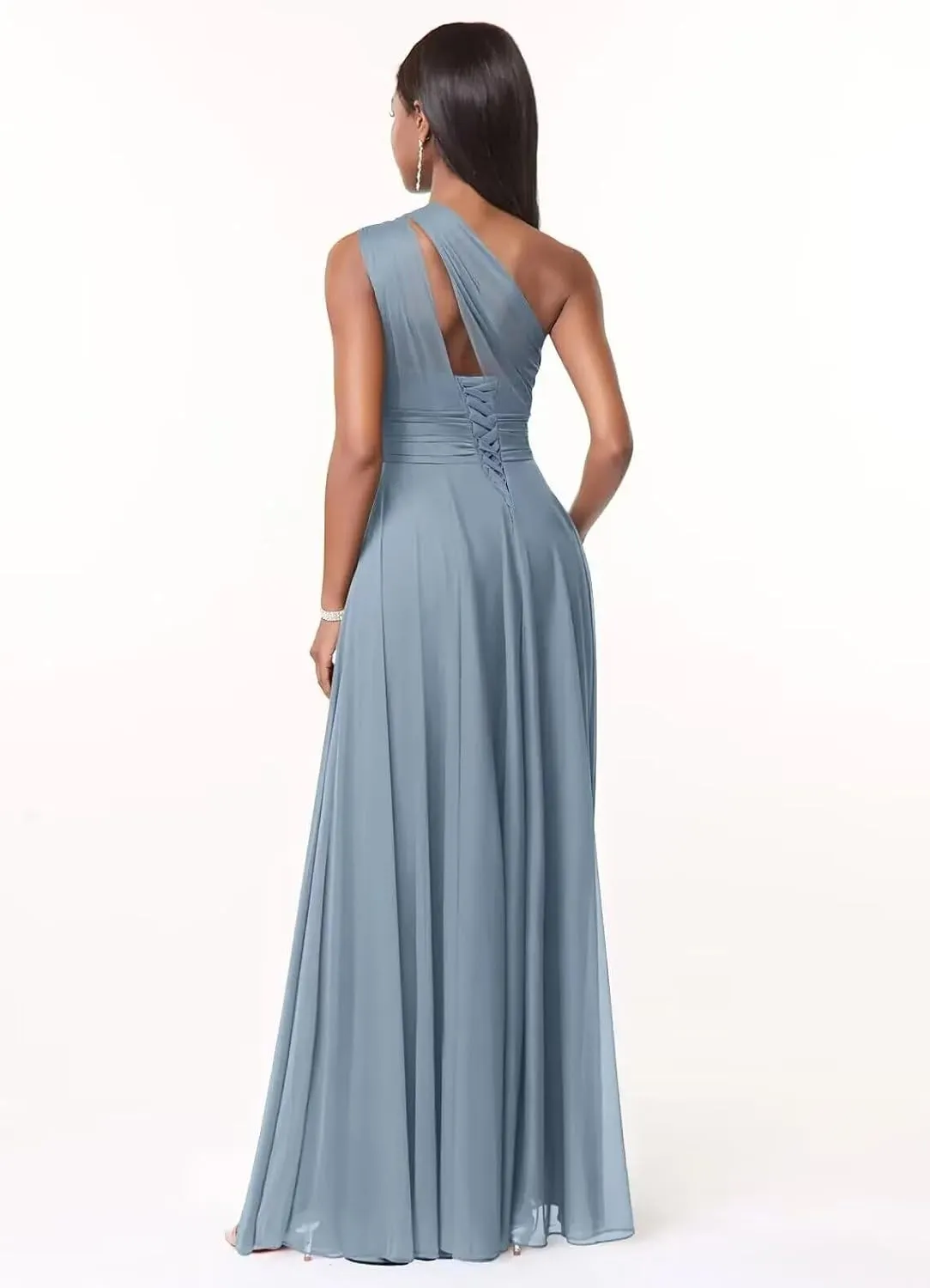 One Shoulder Bridesmaid Dresses for Women Long A Line Pleated Chiffon Corset Formal Wedding Guest Dress with Pockets