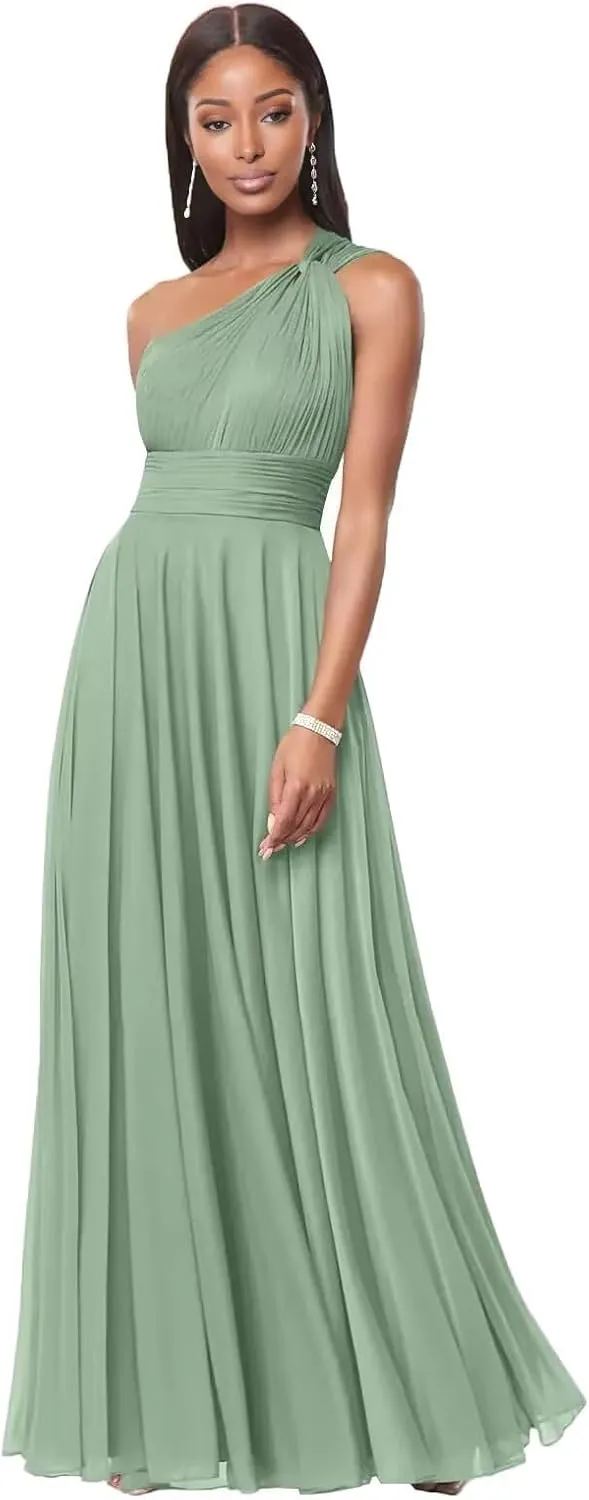 One Shoulder Bridesmaid Dresses for Women Long A Line Pleated Chiffon Corset Formal Wedding Guest Dress with Pockets