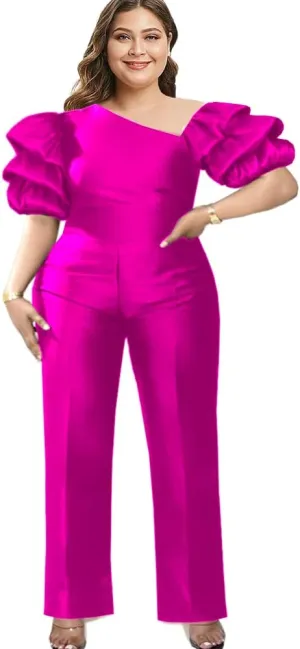 ONTINVA Women's Irregular Neck Pleated Puff Sleeve High Waist Shiny Jumpsuits