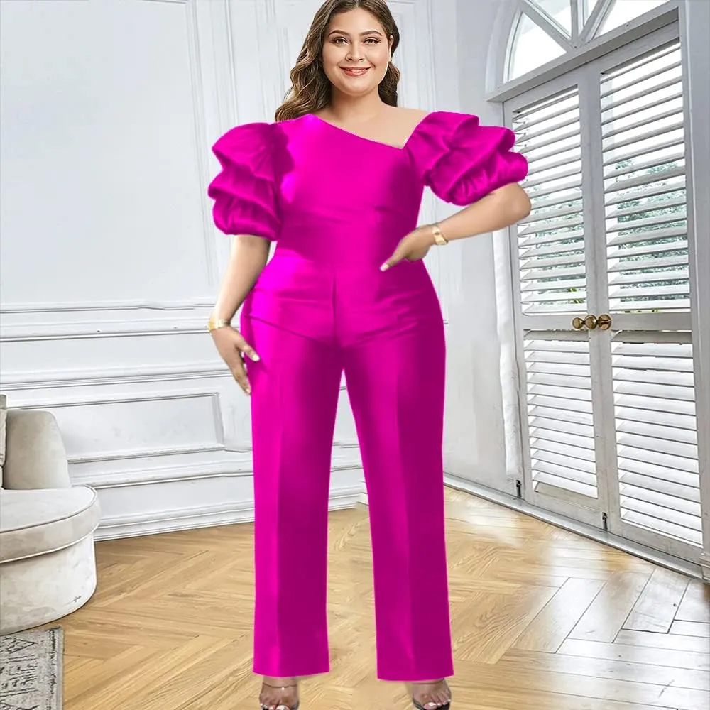 ONTINVA Women's Irregular Neck Pleated Puff Sleeve High Waist Shiny Jumpsuits