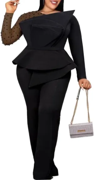 ONTINVA Women's Mesh Patchwork Bead Irregular Long Sleeve Peplum High Waist Jumpsuits