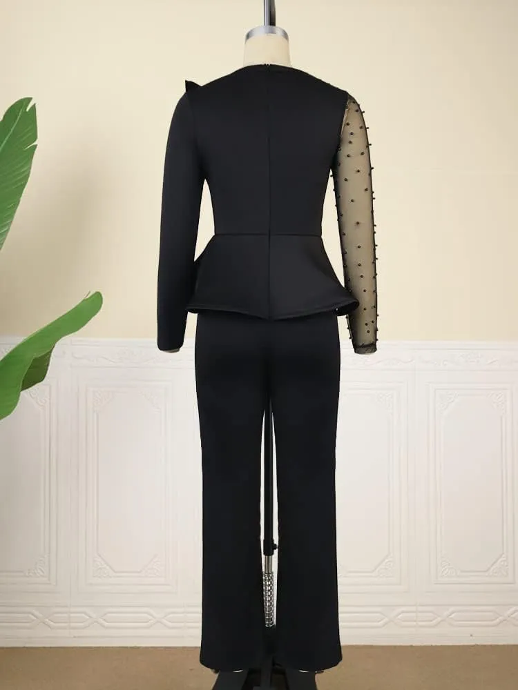ONTINVA Women's Mesh Patchwork Bead Irregular Long Sleeve Peplum High Waist Jumpsuits