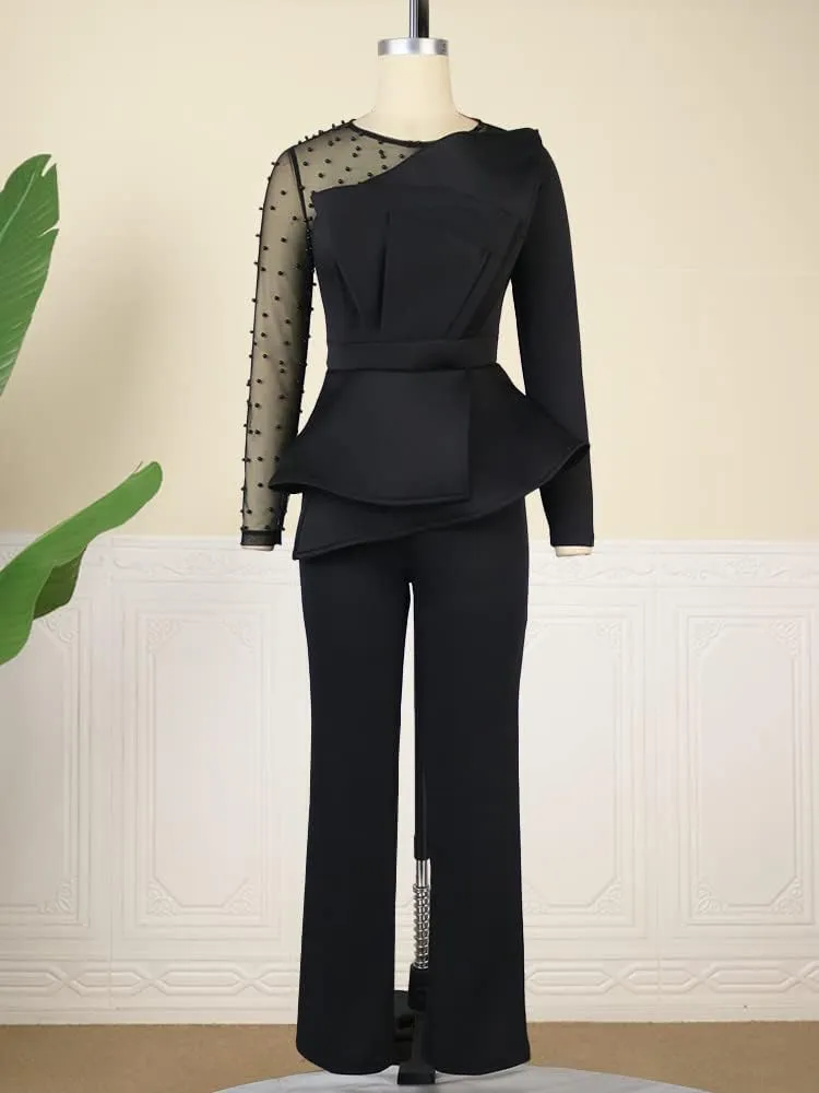 ONTINVA Women's Mesh Patchwork Bead Irregular Long Sleeve Peplum High Waist Jumpsuits