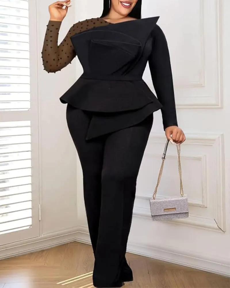 ONTINVA Women's Mesh Patchwork Bead Irregular Long Sleeve Peplum High Waist Jumpsuits