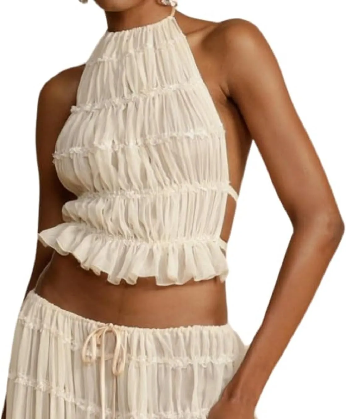 Open Back Halter Tops for Women Bow Tie Back Ruched Ruffle Crop Tops Smocked Y2K Going Out Camisoles