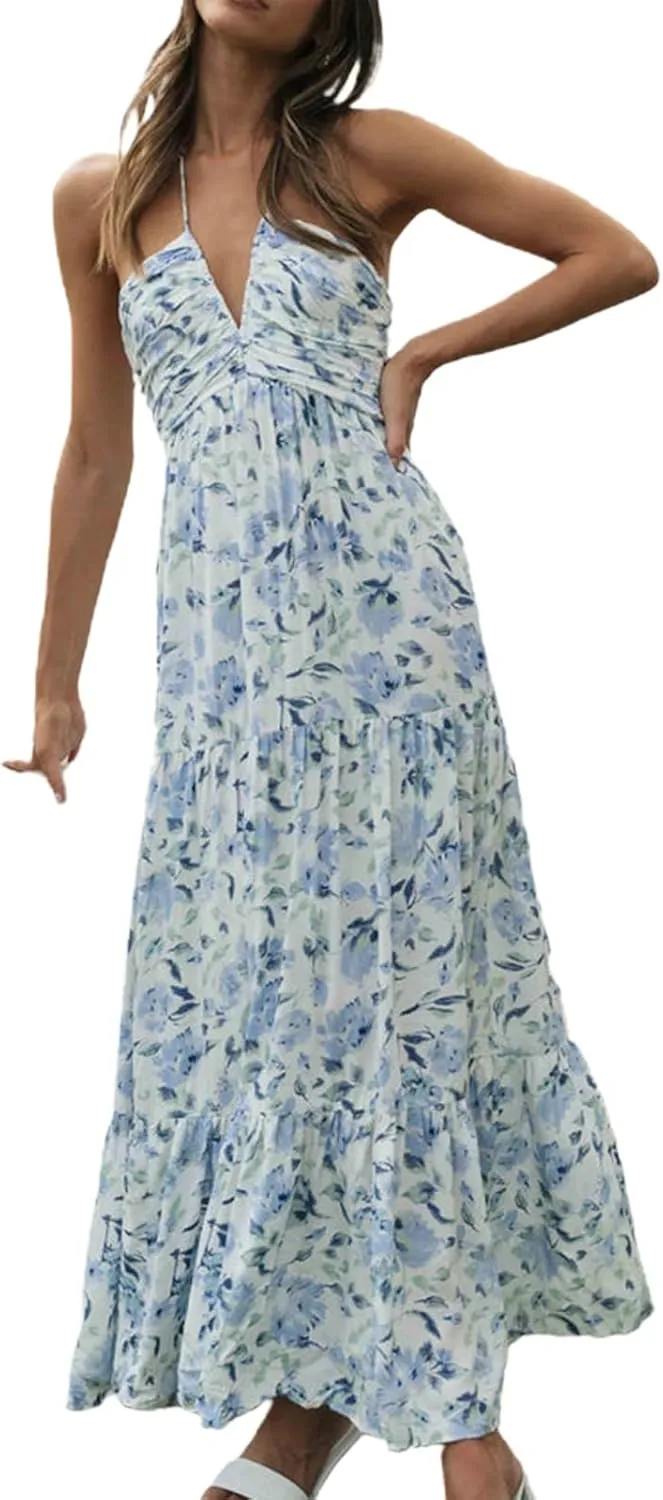 Owl's-Yard Women Ruffle Spaghetti Strap Dress Sexy Backless Tiered Flowy Sundresses Boho Beach Long Dress Clubwear