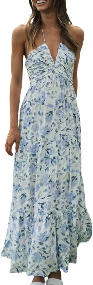 Owl's-Yard Women Ruffle Spaghetti Strap Dress Sexy Backless Tiered Flowy Sundresses Boho Beach Long Dress Clubwear