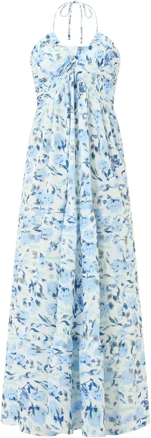 Owl's-Yard Women Ruffle Spaghetti Strap Dress Sexy Backless Tiered Flowy Sundresses Boho Beach Long Dress Clubwear