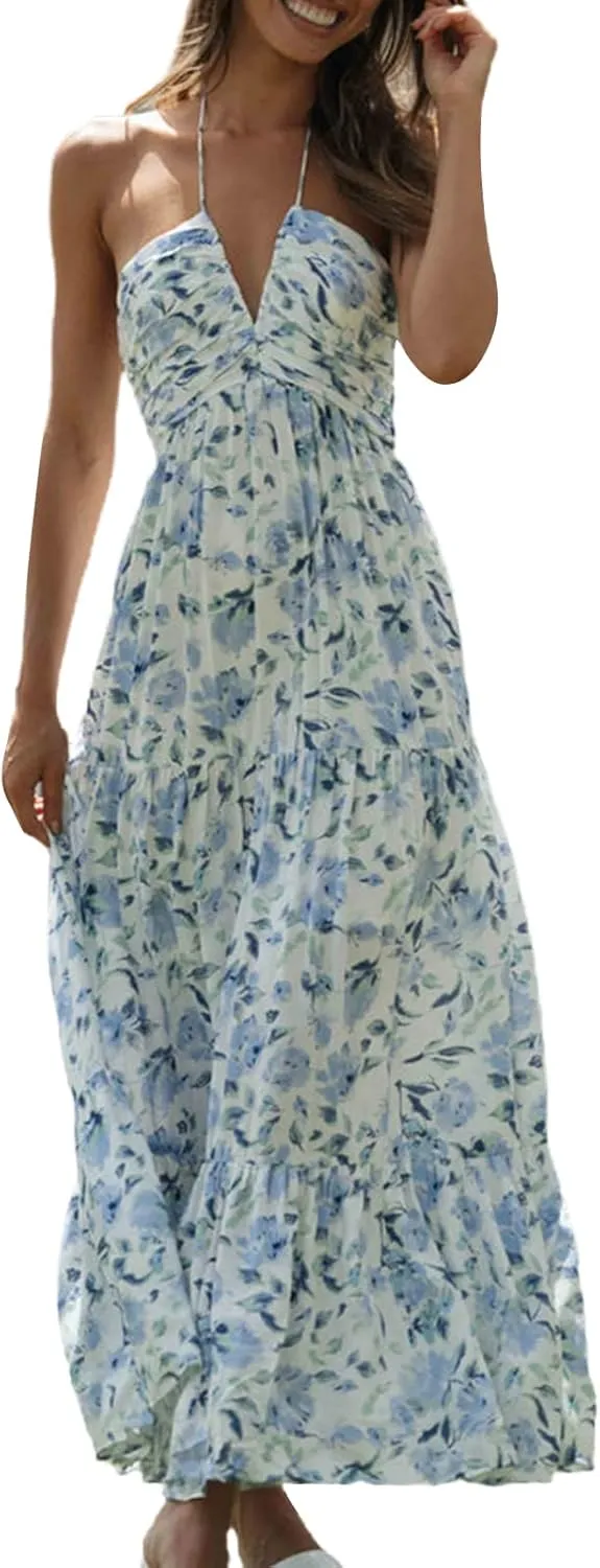Owl's-Yard Women Ruffle Spaghetti Strap Dress Sexy Backless Tiered Flowy Sundresses Boho Beach Long Dress Clubwear