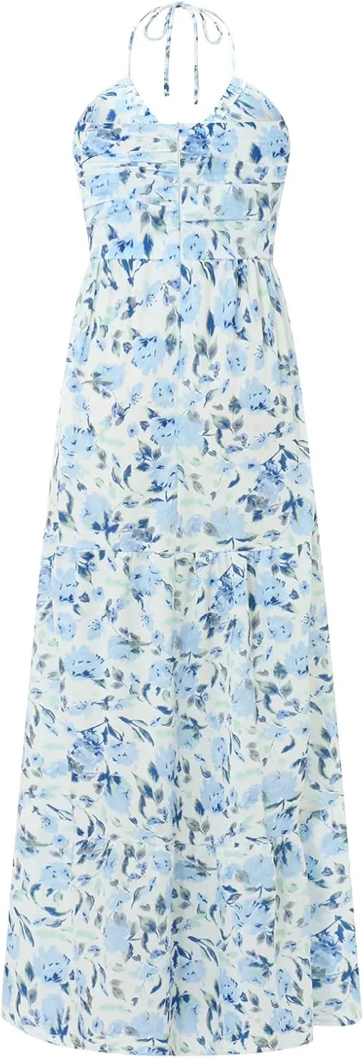 Owl's-Yard Women Ruffle Spaghetti Strap Dress Sexy Backless Tiered Flowy Sundresses Boho Beach Long Dress Clubwear