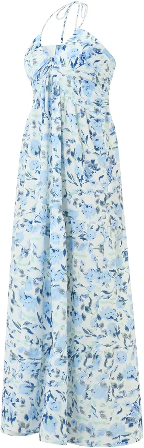 Owl's-Yard Women Ruffle Spaghetti Strap Dress Sexy Backless Tiered Flowy Sundresses Boho Beach Long Dress Clubwear