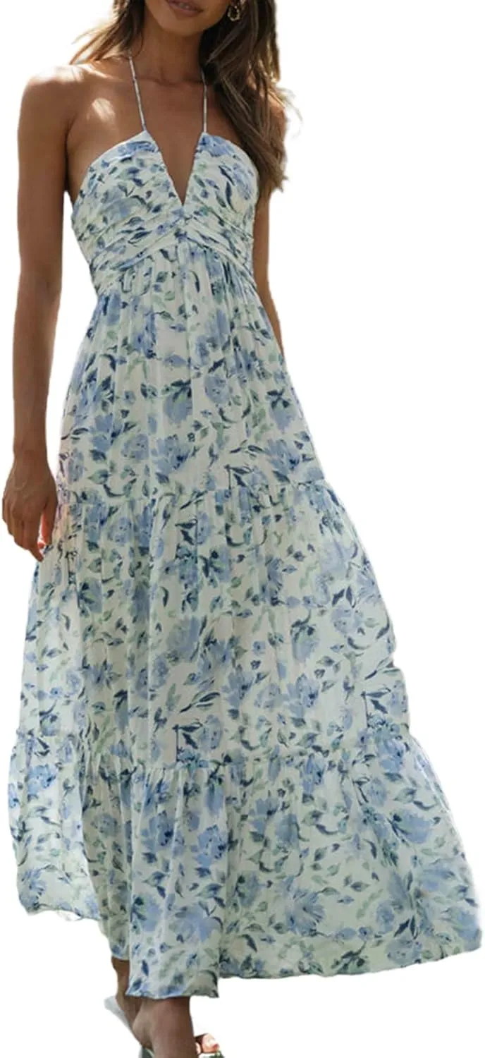 Owl's-Yard Women Ruffle Spaghetti Strap Dress Sexy Backless Tiered Flowy Sundresses Boho Beach Long Dress Clubwear