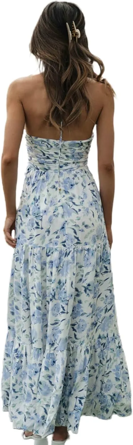 Owl's-Yard Women Ruffle Spaghetti Strap Dress Sexy Backless Tiered Flowy Sundresses Boho Beach Long Dress Clubwear