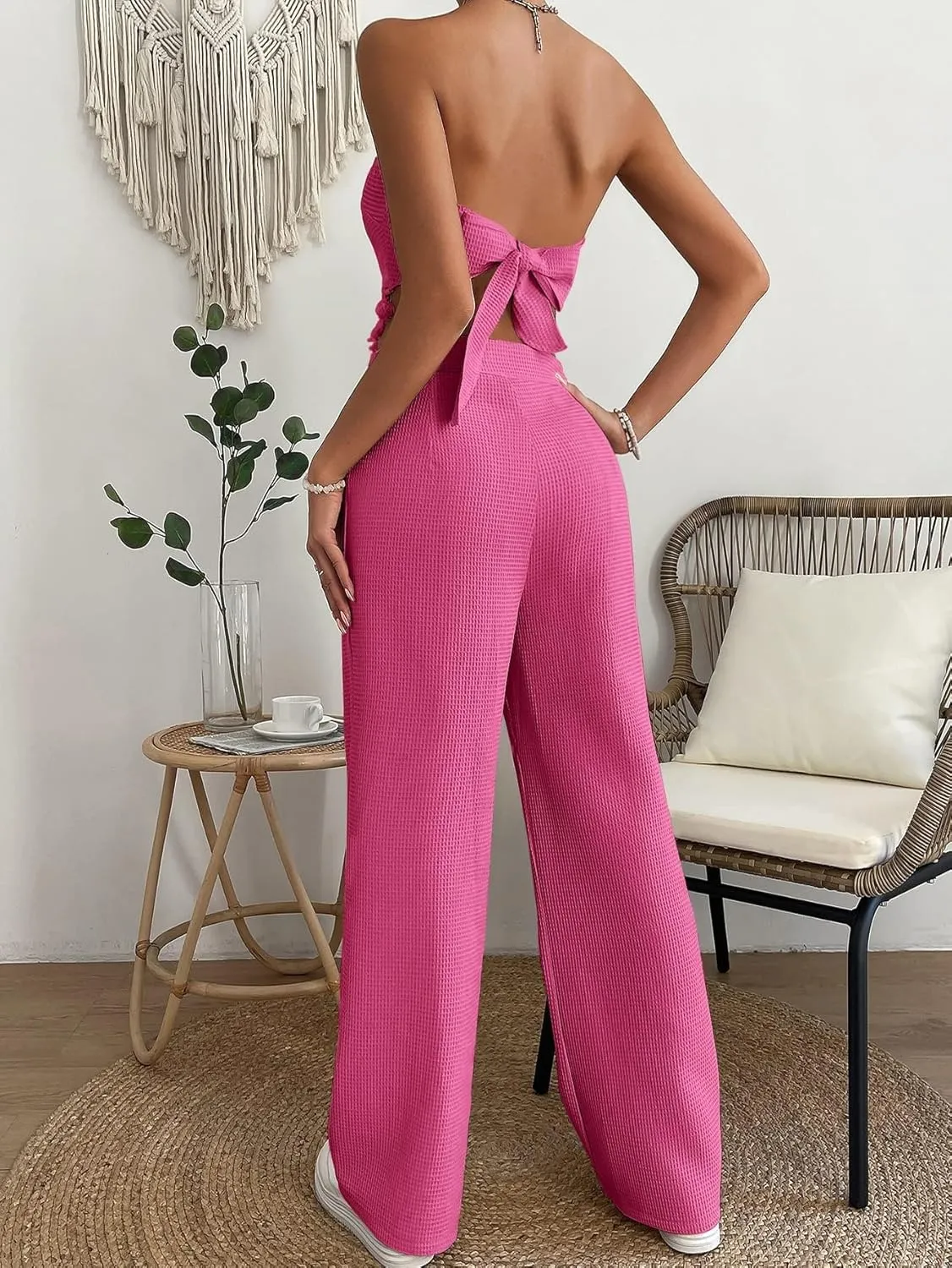 OYOANGLE Women's 2 Piece Outfits Summer Casual Fringe Trim Tassel Tube Top and Wide Leg Pants Set