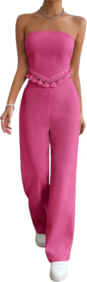 OYOANGLE Women's 2 Piece Outfits Summer Casual Fringe Trim Tassel Tube Top and Wide Leg Pants Set