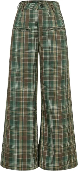 OYOANGLE Women's Plaid Print Wide Leg Long High Waisted Pants Y2K Casual Street Trousers with Pockets