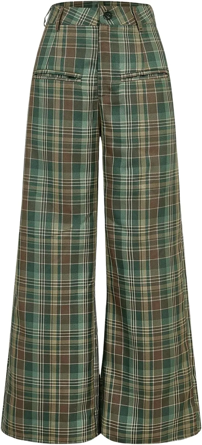 OYOANGLE Women's Plaid Print Wide Leg Long High Waisted Pants Y2K Casual Street Trousers with Pockets