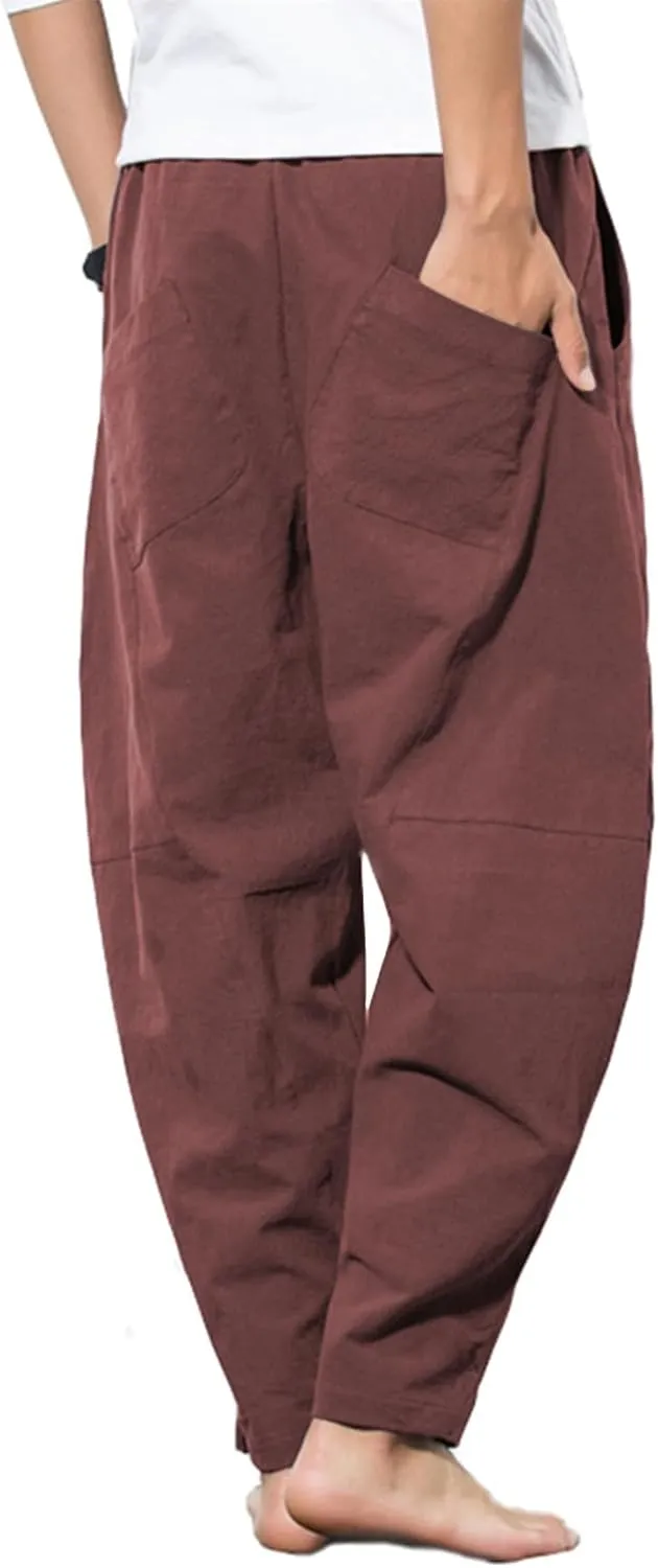 PACEIADTA Men's Cotton Linen Drawstring Pants Elastic Waist Casual Summer Beach Pants