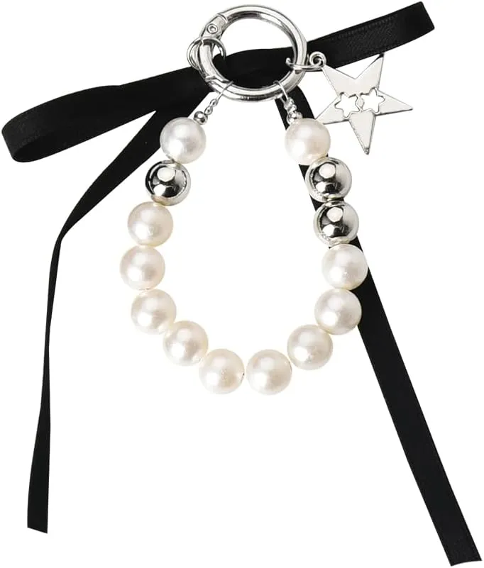 Pearl Beaded Keychain Wristlet for Car Keys Aesthetic Bow Key Chains for Car Keys Pearl Beads Clip Keychains Bracelets