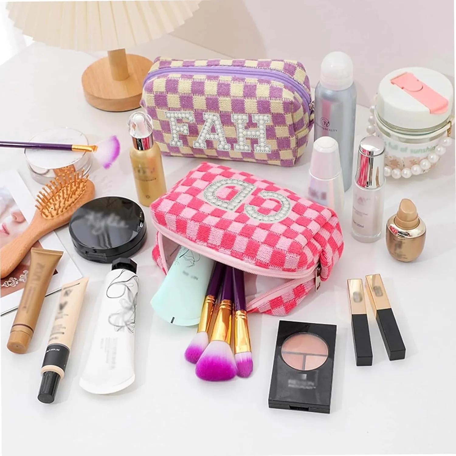 Personalized Checkered Makeup Bag for Women, Custom Monogram Cosmetic Pouch with Waterproof Canvas, Large Travel Toiletry Organizer & Bridesmaid Gift (Personalized Checkered Makeup Bag)