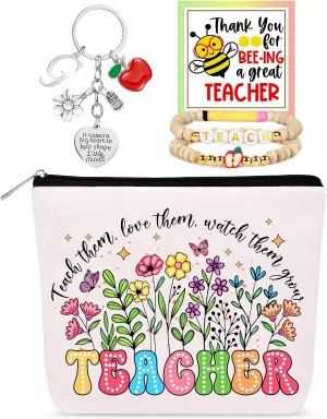Personalized Teacher Appreciation Gifts for Women, Thank You Graduation Gifts with Teacher Makeup Bag, Initial Cute Keychain, Teach Bracelets and Thank You Card (G)